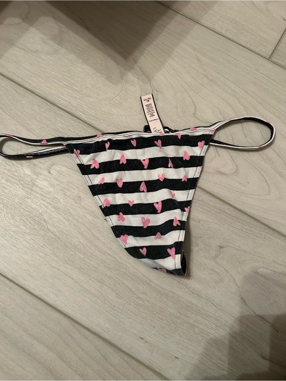 Victoria's Secret Black & White Stripe Thong with Pink Hearts